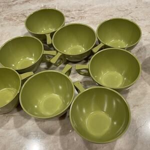 Melmac melamine coffee or tea set with cream and sugar  avocado green. Retro